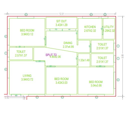 Floor plan of 3 BHK 1590 Sq. Ft. Apartment in Jubilee Royal Garden, Hyderabad
