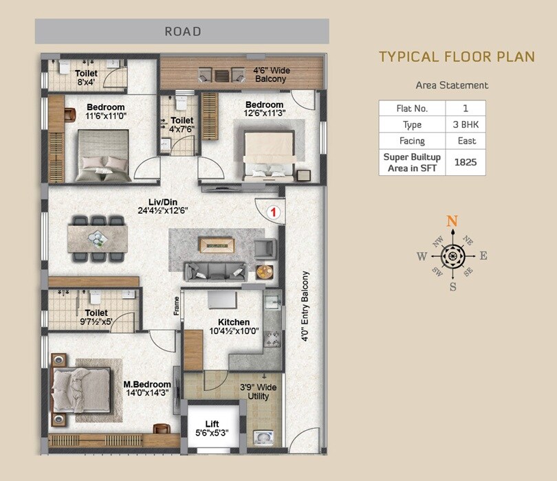 Floor plan of 3 BHK 1825 Sq. Ft. Apartment in Jubilee Shubha Tulasi, Hyderabad