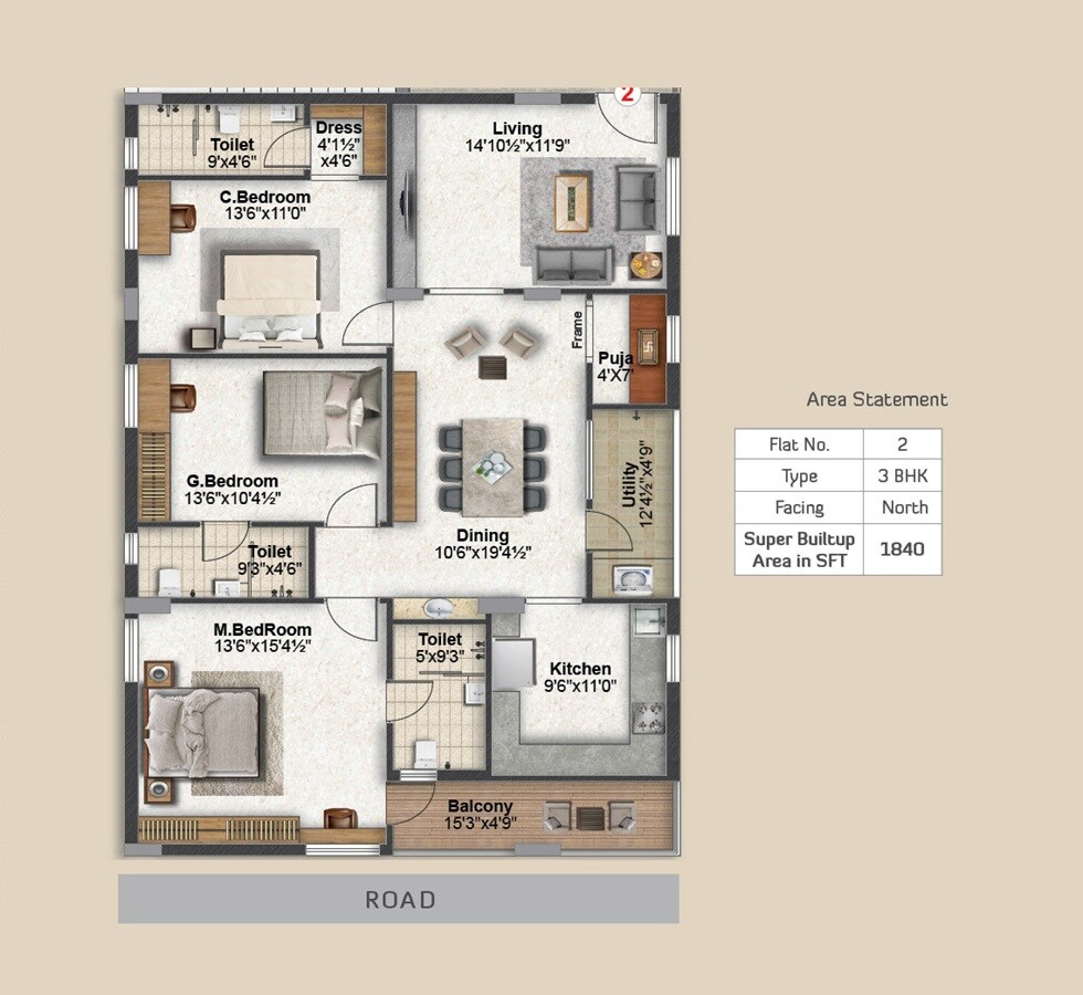 Floor plan of 3 BHK 1840 Sq. Ft. Apartment in Jubilee Shubha Tulasi, Hyderabad