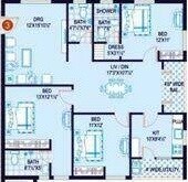 Floor plan of 3 BHK 1536 Sq. Ft. Apartment in Jubilee Surya, Hyderabad