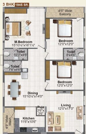 Floor plan of 3 BHK 1945 Sq. Ft. Apartment in Jubilee Temple Tree, Hyderabad