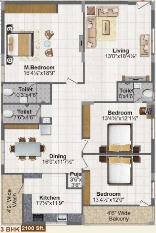 Floor plan of 3 BHK 2100 Sq. Ft. Apartment in Jubilee Temple Tree, Hyderabad