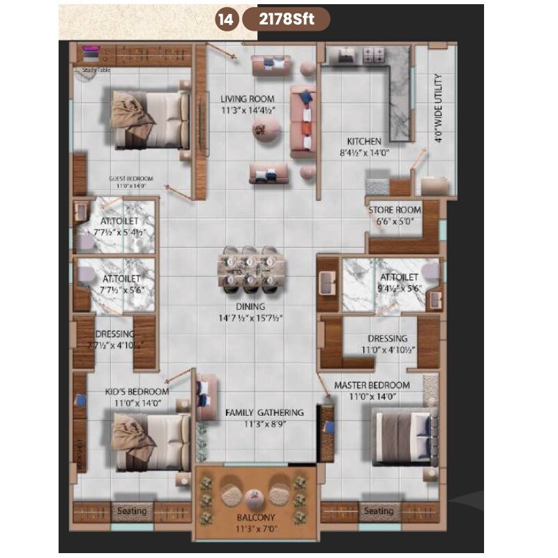 Floor plan of 3 BHK 2178 Sq. Ft. Apartment in Jyothi Serenity, Hyderabad