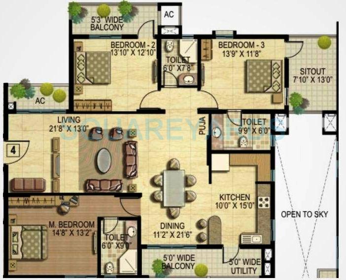 Floor plan of 3 BHK 2325 Sq. Ft. Apartment in K Raheja Corp Quiescent Heights, Hyderabad