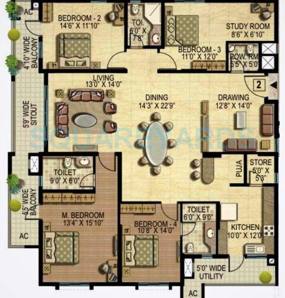 Floor plan of 4 BHK 3270 Sq. Ft. Apartment in K Raheja Corp Quiescent Heights, Hyderabad