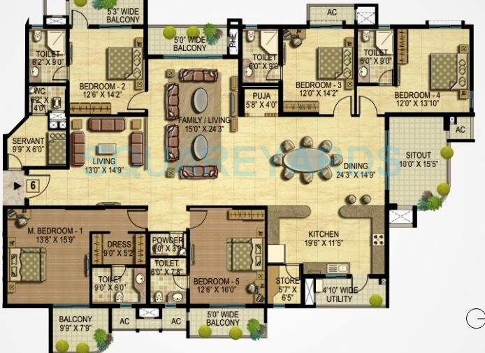 Floor plan of 5 BHK 4375 Sq. Ft. Apartment in K Raheja Corp Quiescent Heights, Hyderabad