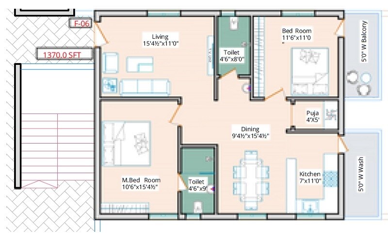 Floor plan of 2 BHK 1370 Sq. Ft. Apartment in Kaakatiya Diamond Heights, Hyderabad