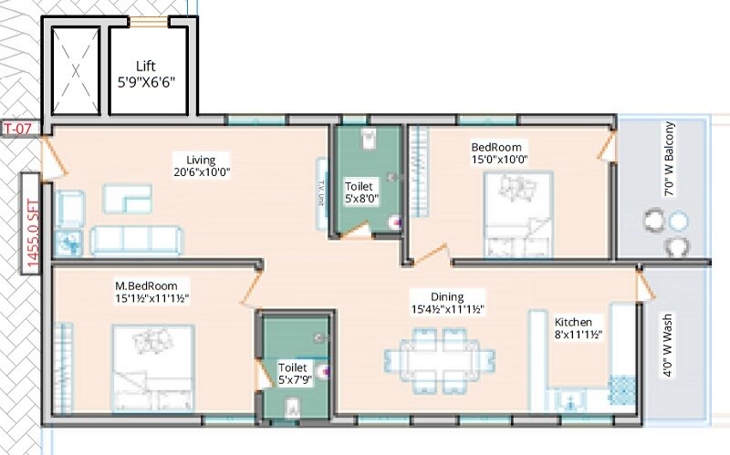 Floor plan of 2 BHK 1450 Sq. Ft. Apartment in Kaakatiya Diamond Heights, Hyderabad