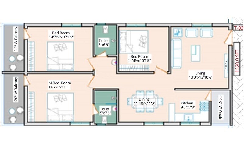 Floor plan of 3 BHK 1520 Sq. Ft. Apartment in Kaakatiya Diamond Heights, Hyderabad