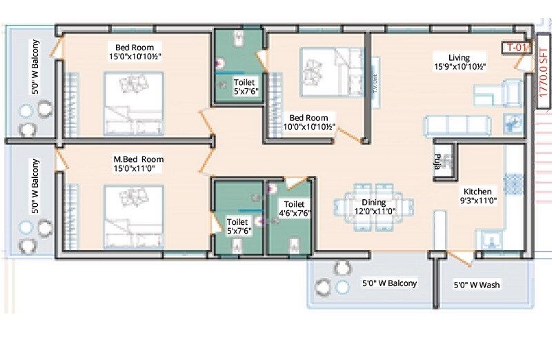 Floor plan of 3 BHK 1770 Sq. Ft. Apartment in Kaakatiya Diamond Heights, Hyderabad
