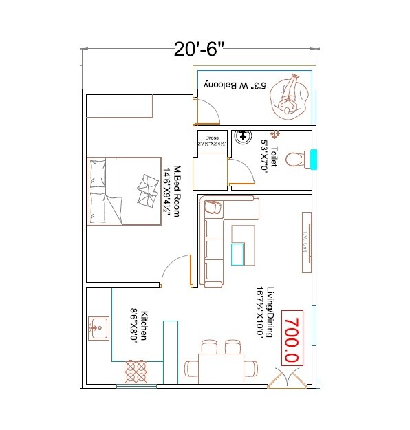 1 BHK 700 Sq. Ft. Apartment