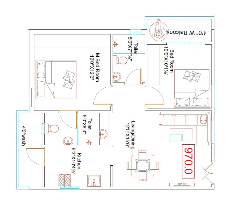 2 BHK 970 Sq. Ft. Apartment