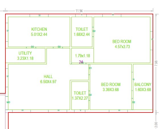 Floor plan of 2 BHK 1216 Sq. Ft. Apartment in Kalpana Lakeview, Hyderabad