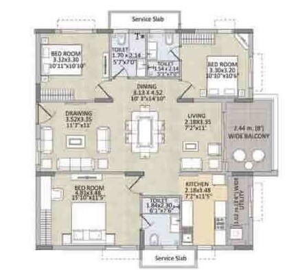 Floor plan of 3 BHK Apartment - 1495 sq. ft. in Kalpataru Residency, Hyderabad