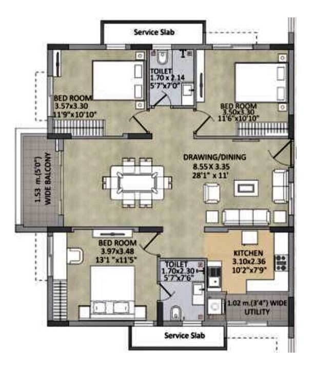 Floor plan of 3 BHK Apartment - 1500 sq. ft. in Kalpataru Residency, Hyderabad