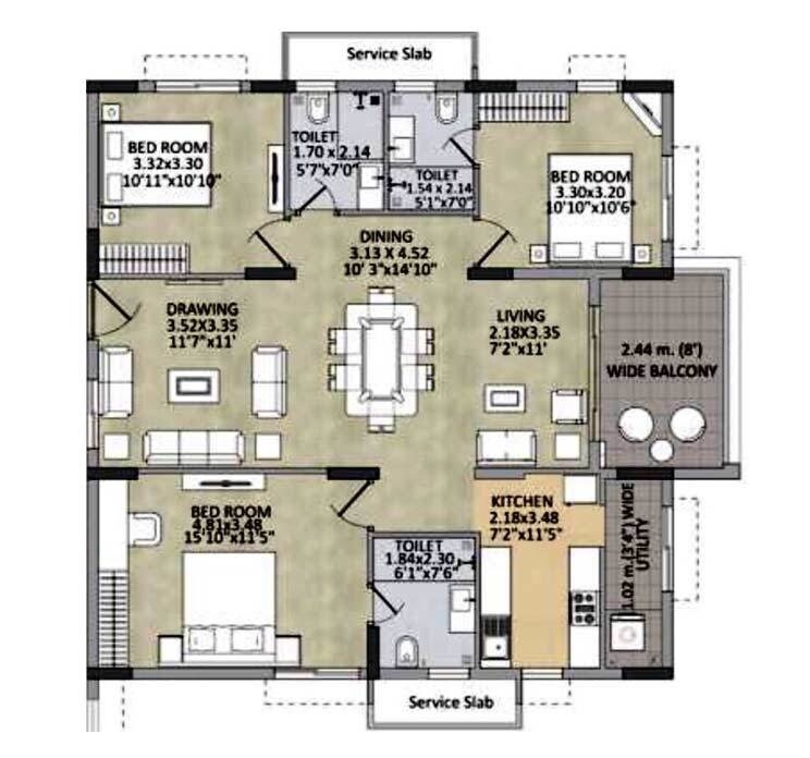 Floor plan of 3 BHK Apartment - 1685 sq. ft. in Kalpataru Residency, Hyderabad
