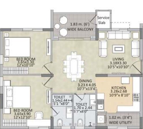 Floor plan of 2 BHK Apartment - 1265 sq. ft. in Kalpataru Residency, Hyderabad