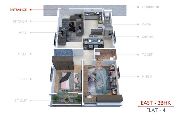 Floor plan of 2 BHK 1315 Sq. Ft. Apartment in Kalyan Skyway 9, Hyderabad