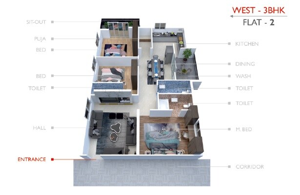 Floor plan of 2 BHK 1320 Sq. Ft. Apartment in Kalyan Skyway 9, Hyderabad
