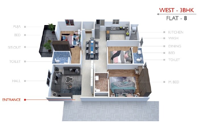 Floor plan of 3 BHK 1945 Sq. Ft. Apartment in Kalyan Skyway 9, Hyderabad