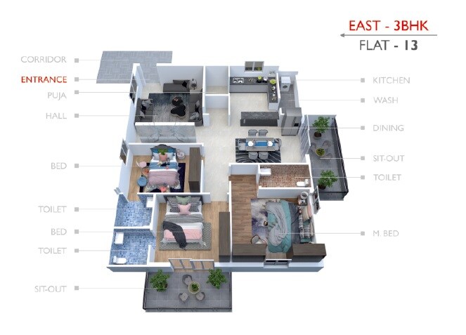 Floor plan of 3 BHK 2150 Sq. Ft. Apartment in Kalyan Skyway 9, Hyderabad