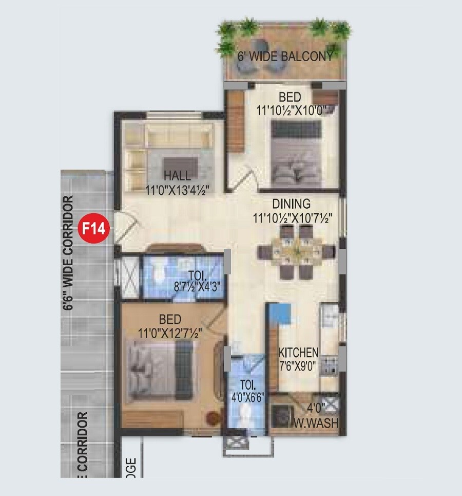 Floor plan of 2 BHK 1215 Sq. Ft. Apartment in Kalyans Sampreeti, Hyderabad