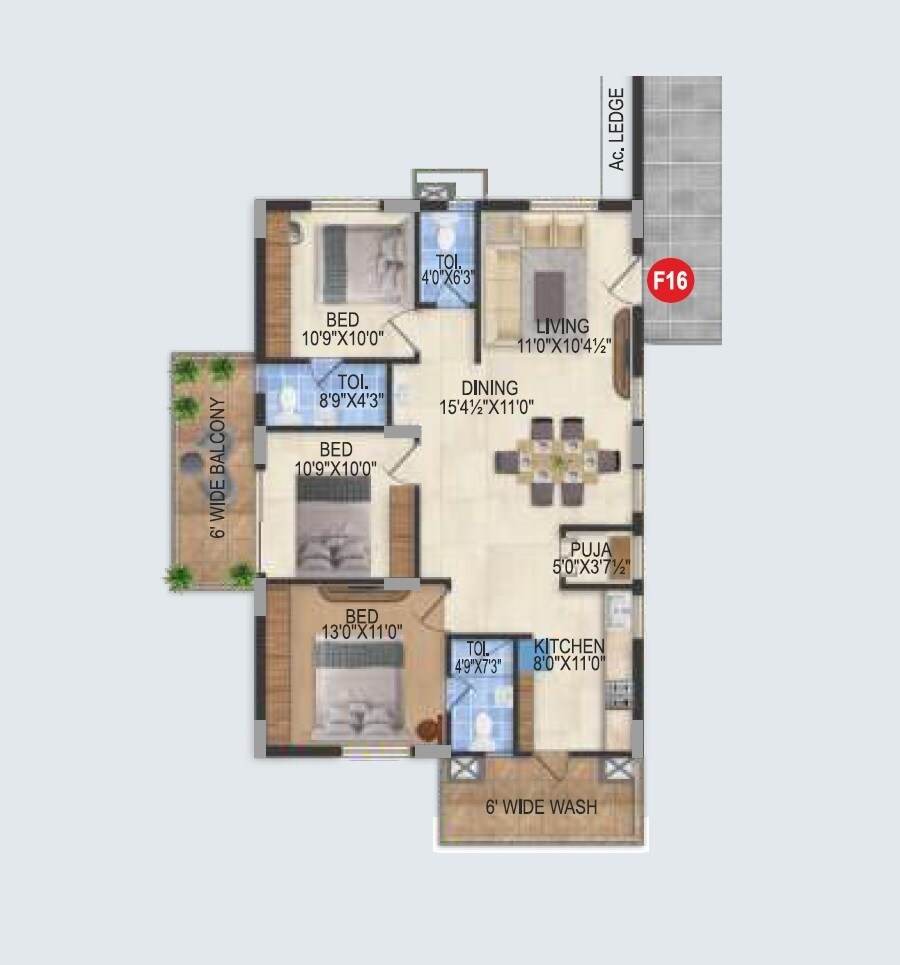 Floor plan of 3 BHK 1635 Sq. Ft. Apartment in Kalyans Sampreeti, Hyderabad