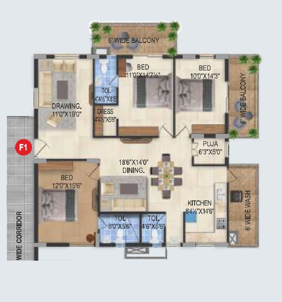 Floor plan of 3 BHK 2240 Sq. Ft. Apartment in Kalyans Sampreeti, Hyderabad
