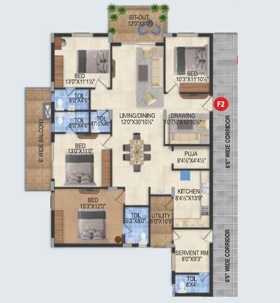 Floor plan of 4 BHK 2710 Sq. Ft. Apartment in Kalyans Sampreeti, Hyderabad