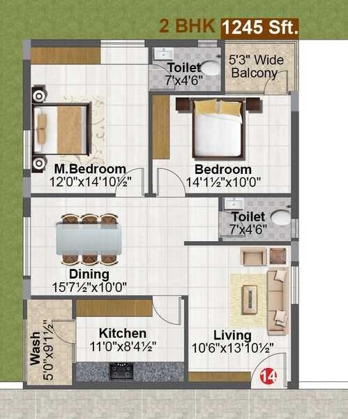 Floor plan of 2 BHK 1245 Sq. Ft. Apartment in Kamala Amulya Heights, Hyderabad