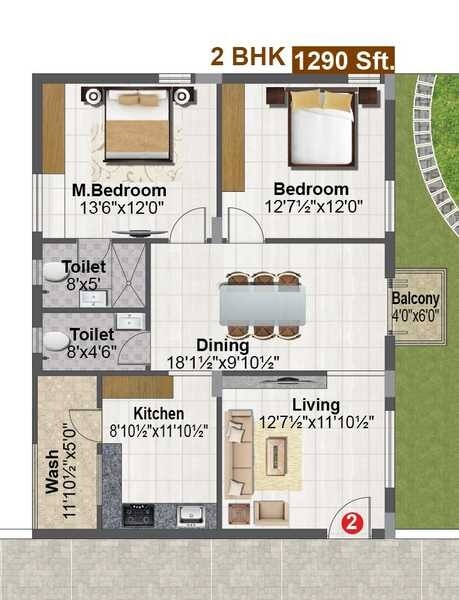 Floor plan of 2 BHK 1290 Sq. Ft. Apartment in Kamala Amulya Heights, Hyderabad