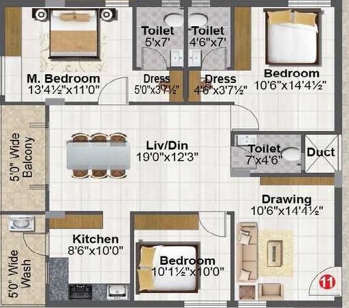 Floor plan of 3 BHK 1620 Sq. Ft. Apartment in Kamala Amulya Heights, Hyderabad