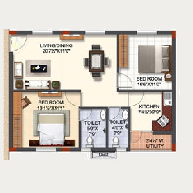 Floor plan of 2 BHK 1382 Sq. Ft. Apartment in Kapil KT Residency, Hyderabad