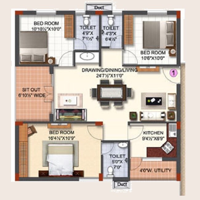 Floor plan of 3 BHK 2067 Sq. Ft. Apartment in Kapil KT Residency, Hyderabad