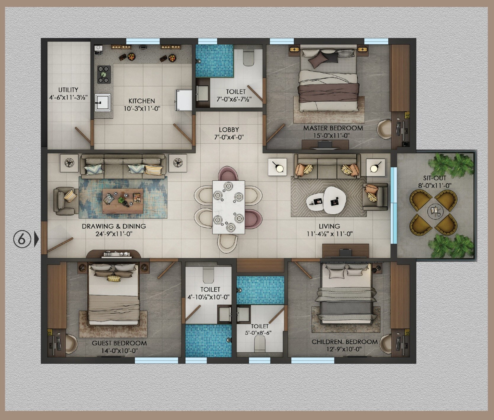Floor plan of 3 BHK 1835 Sq. Ft. Apartment in Karni Opus, Hyderabad