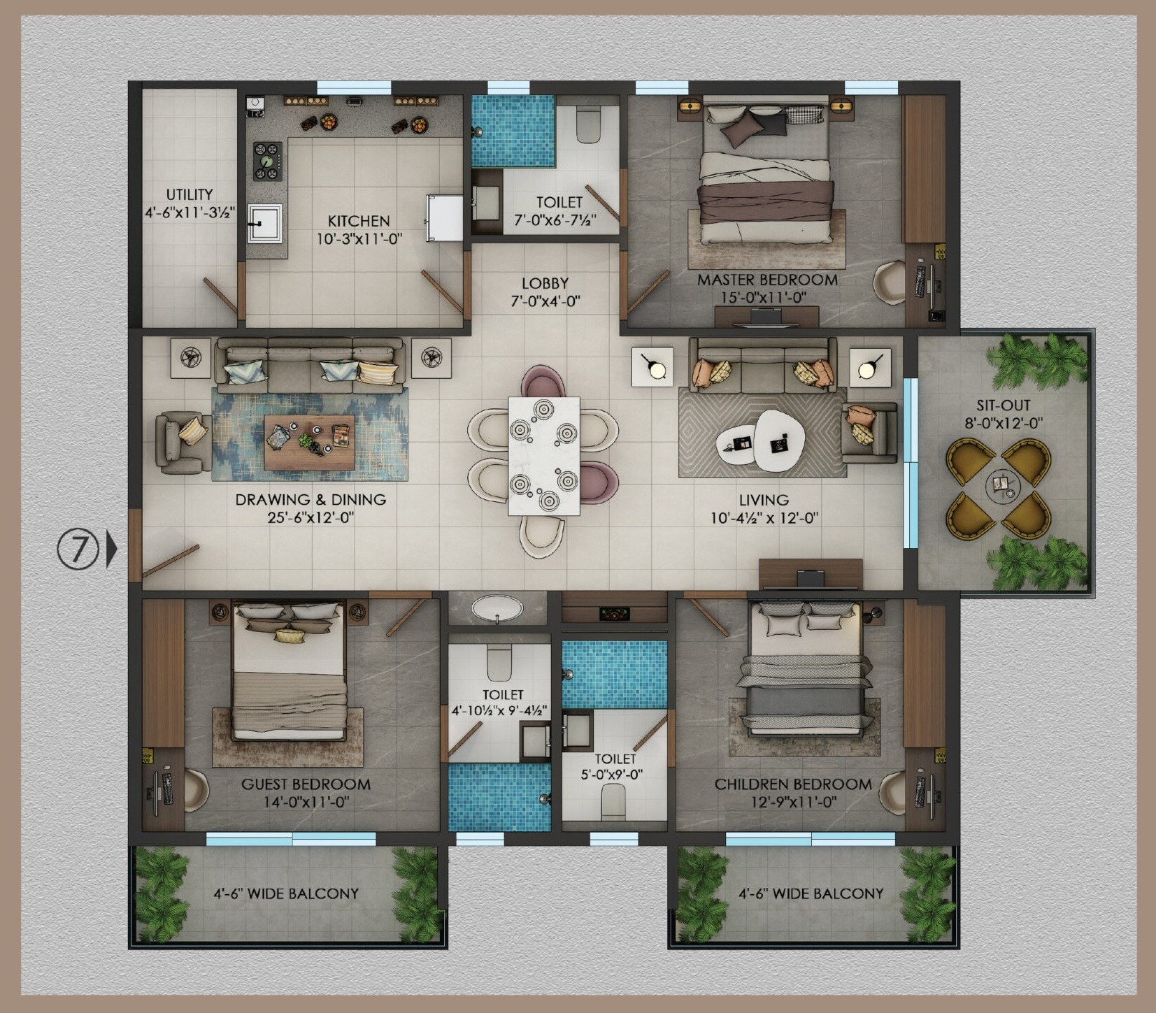 Floor plan of 3 BHK 2206 Sq. Ft. Apartment in Karni Opus, Hyderabad