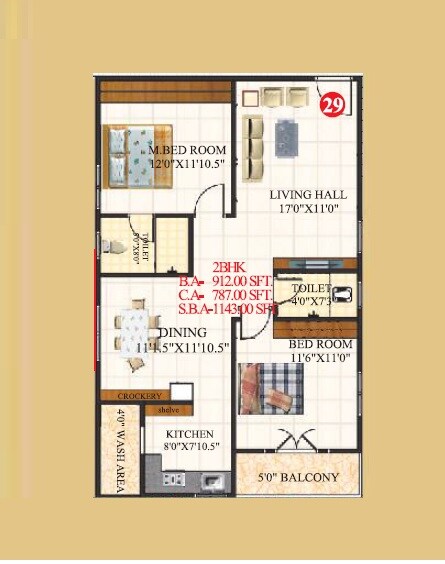 Floor plan of 2 BHK 1143 Sq. Ft. Apartment in Karthikeya Bliss, Hyderabad