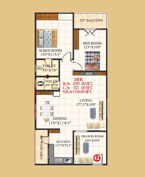 Floor plan of 2 BHK 1336 Sq. Ft. Apartment in Karthikeya Bliss, Hyderabad