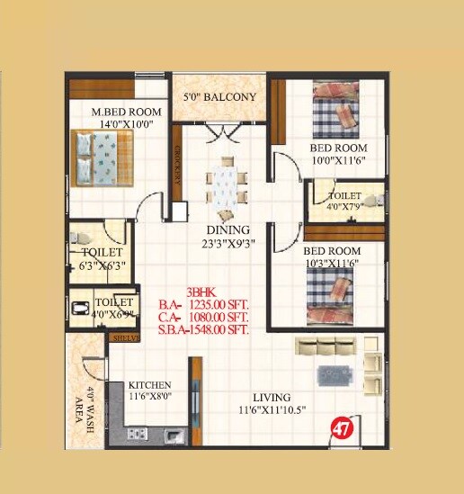Floor plan of 3 BHK 1548 Sq. Ft. Apartment in Karthikeya Bliss, Hyderabad