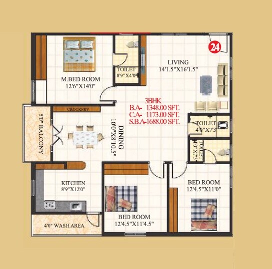Floor plan of 3 BHK 1688 Sq. Ft. Apartment in Karthikeya Bliss, Hyderabad