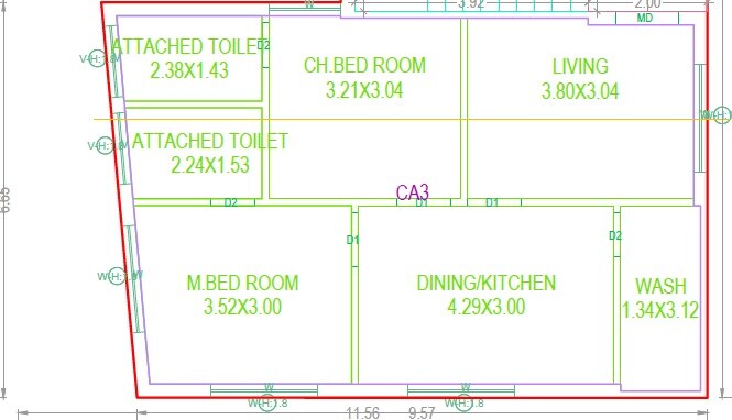 Floor plan of 2 BHK 881 Sq. Ft. Apartment in Kaushiki Nirvaan, Hyderabad