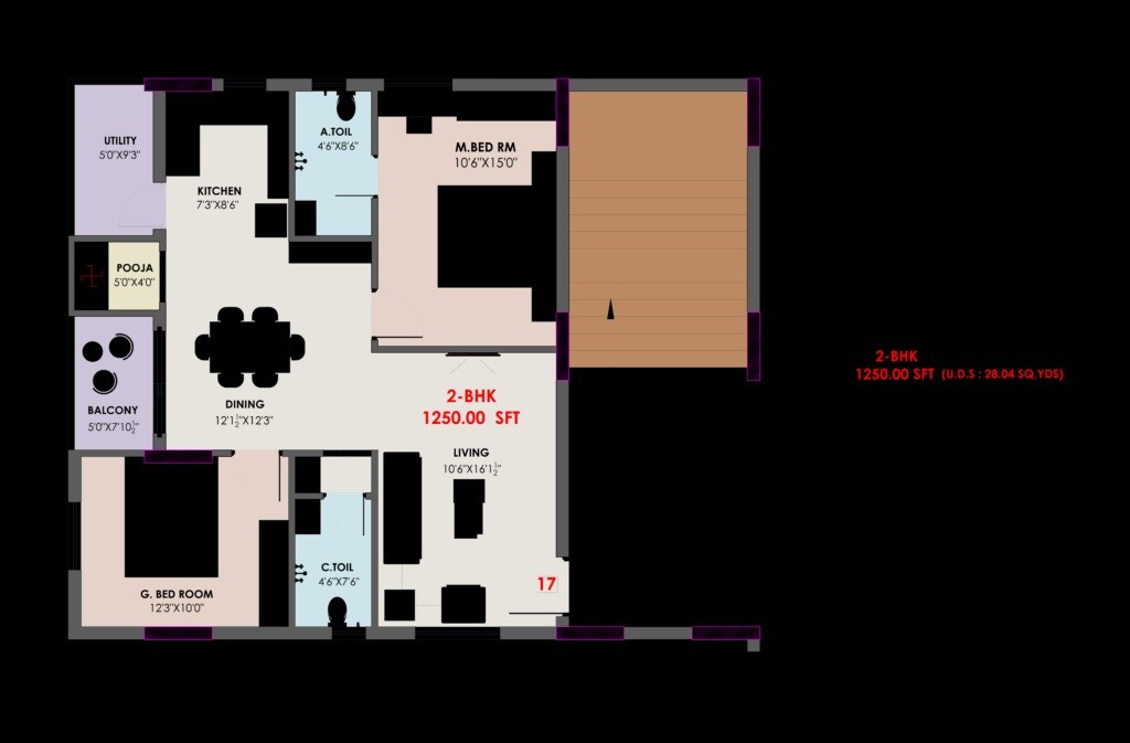 Floor plan of 2 BHK 1250 Sq. Ft. Apartment in Ketrish Pratista, Hyderabad