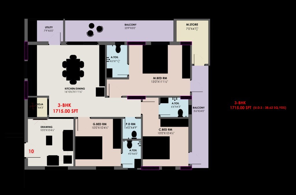 Floor plan of 3 BHK 1715 Sq. Ft. Apartment in Ketrish Pratista, Hyderabad