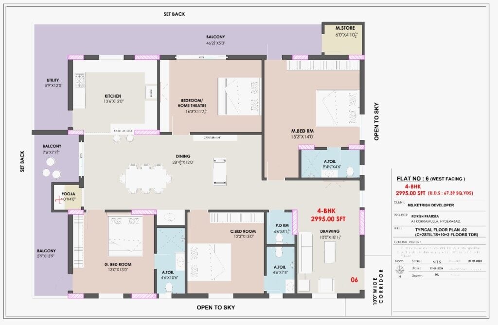 Floor plan of 4 BHK 2995 Sq. Ft. Apartment in Ketrish Pratista, Hyderabad