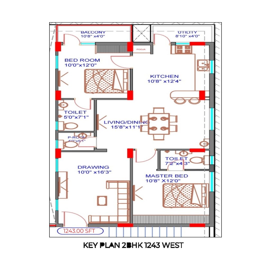 Floor plan of 2 BHK 1243 Sq. Ft. Apartment in Ketrish Pride, Hyderabad