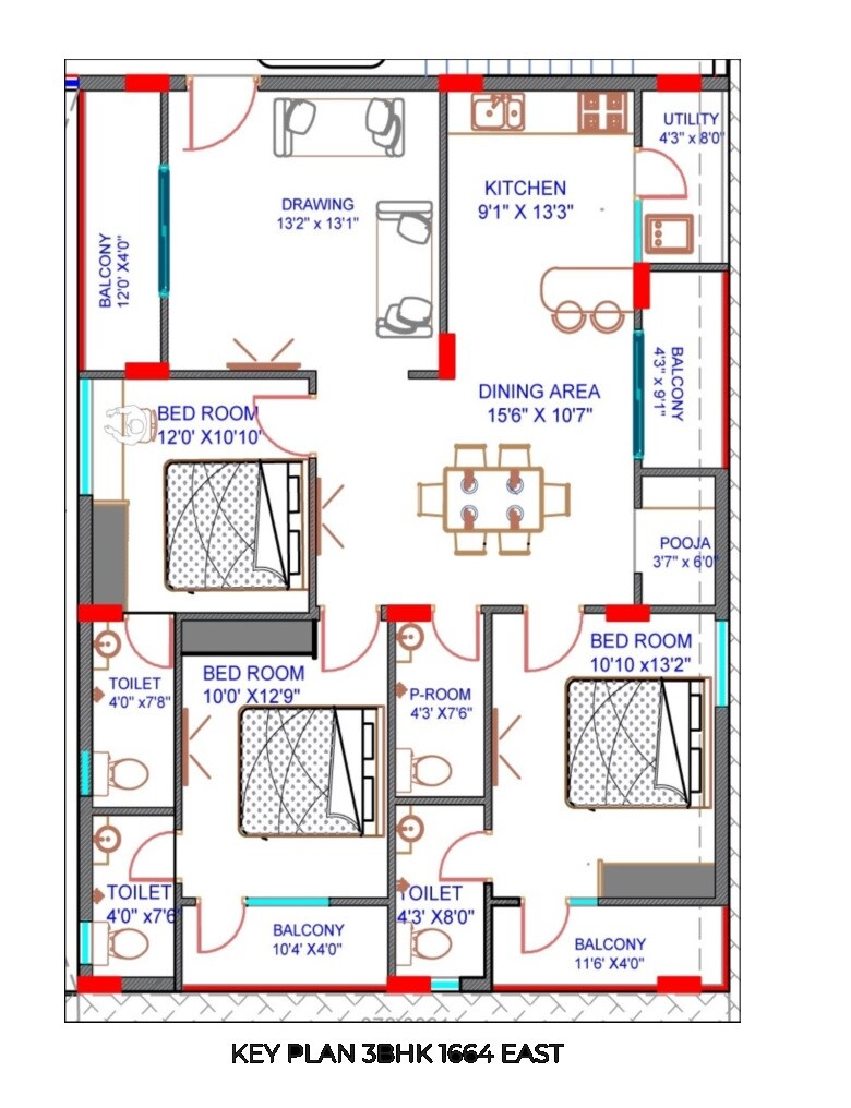 Floor plan of 3 BHK 1664 Sq. Ft. Apartment in Ketrish Pride, Hyderabad