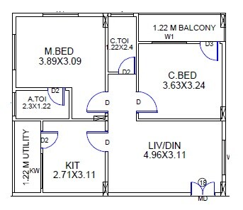 Floor plan of 2 BHK 944 Sq. Ft. Apartment in KGR Advaitha, Hyderabad