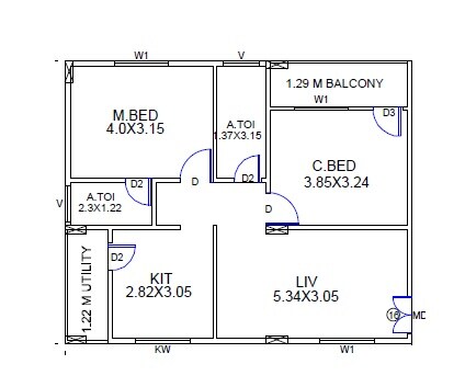 Floor plan of 2 BHK 980 Sq. Ft. Apartment in KGR Advaitha, Hyderabad
