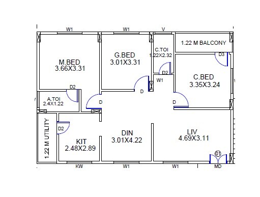 Floor plan of 3 BHK 1213 Sq. Ft. Apartment in KGR Advaitha, Hyderabad