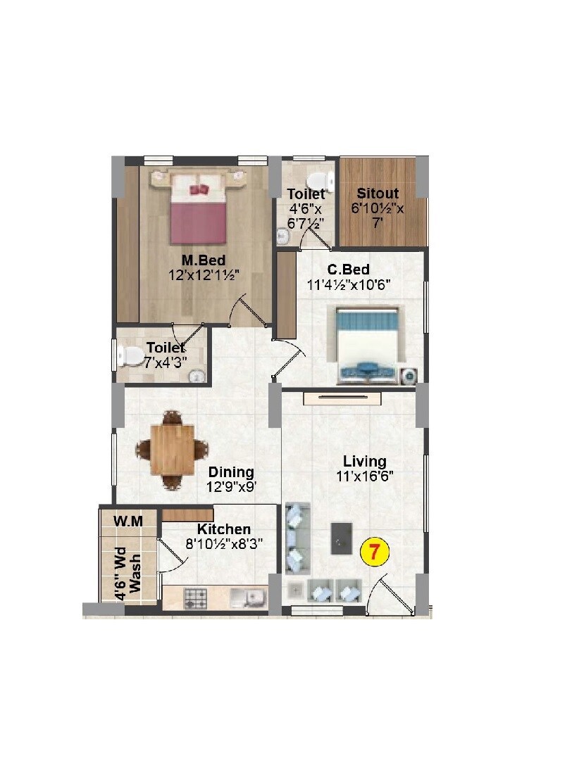 Floor plan of 2 BHK 1109 Sq. Ft. Apartment in Kinetic Palazzo, Hyderabad